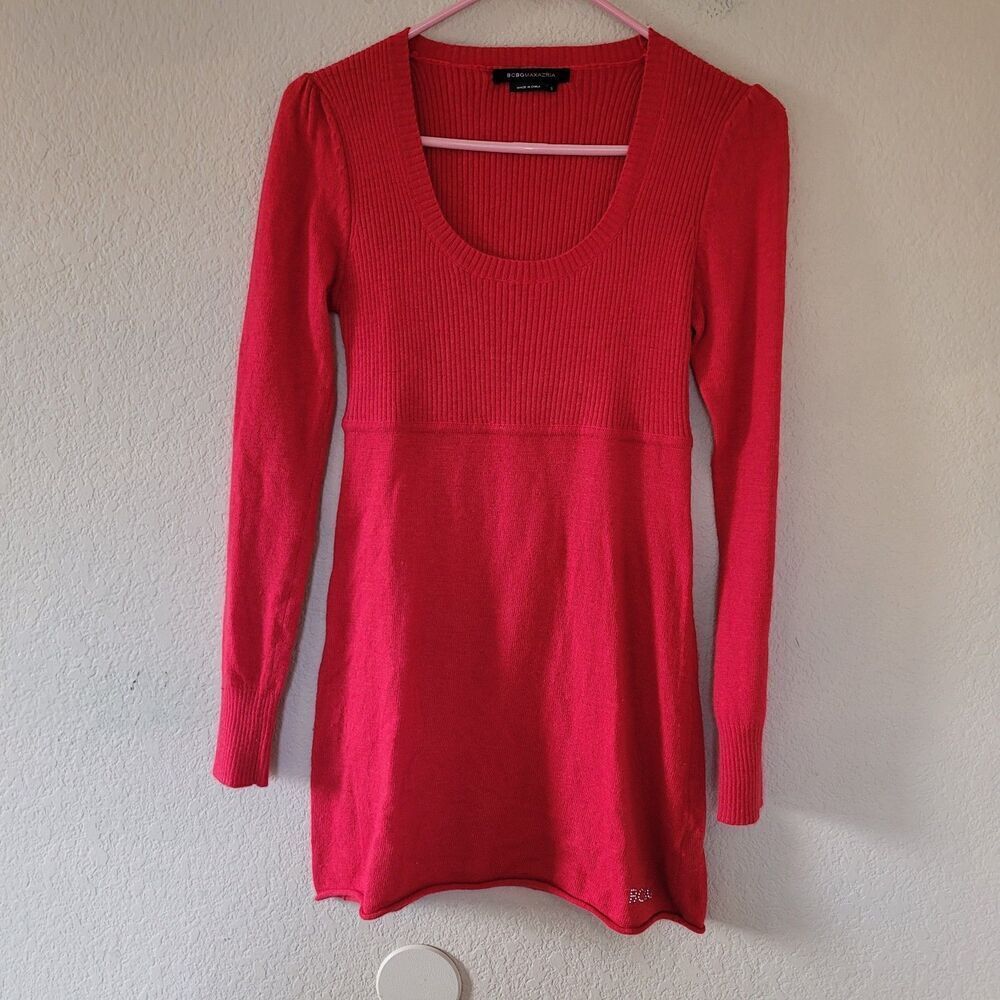 BCBGMaxAzria Y2K Angora Wool Soft Ribbed Babydoll Red Sweater Tunic Size Xsmall